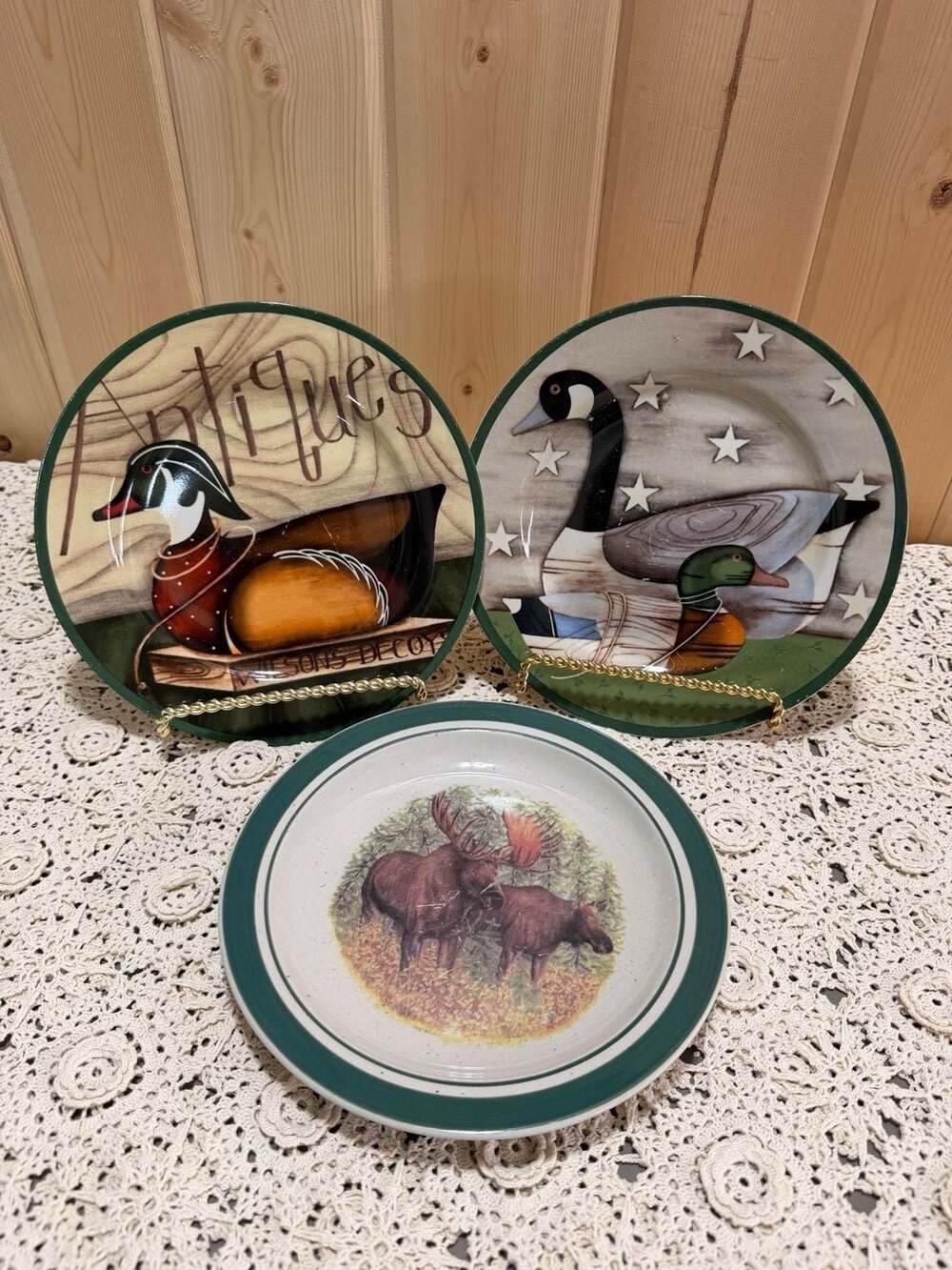 Cabin Wall Plate Decor Primitive Folk Art Set Of 3 Vintage Stoneware Duck Moose